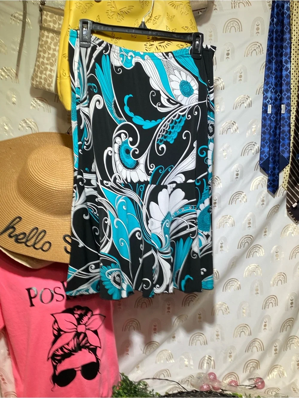 Carol Rose Black Teal White Floral Maxi Skirt